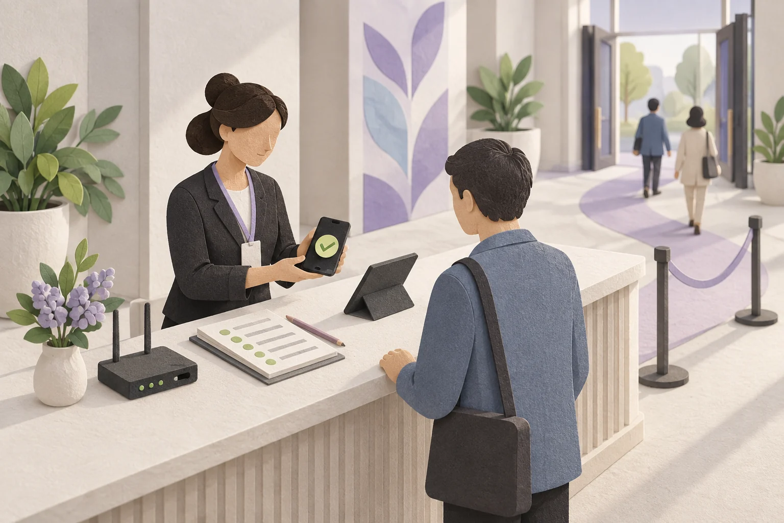 Редакционная иллюстрация: сотрудница регистрации проверяет участника по телефону; рядом подготовлены планшет и резервный список.