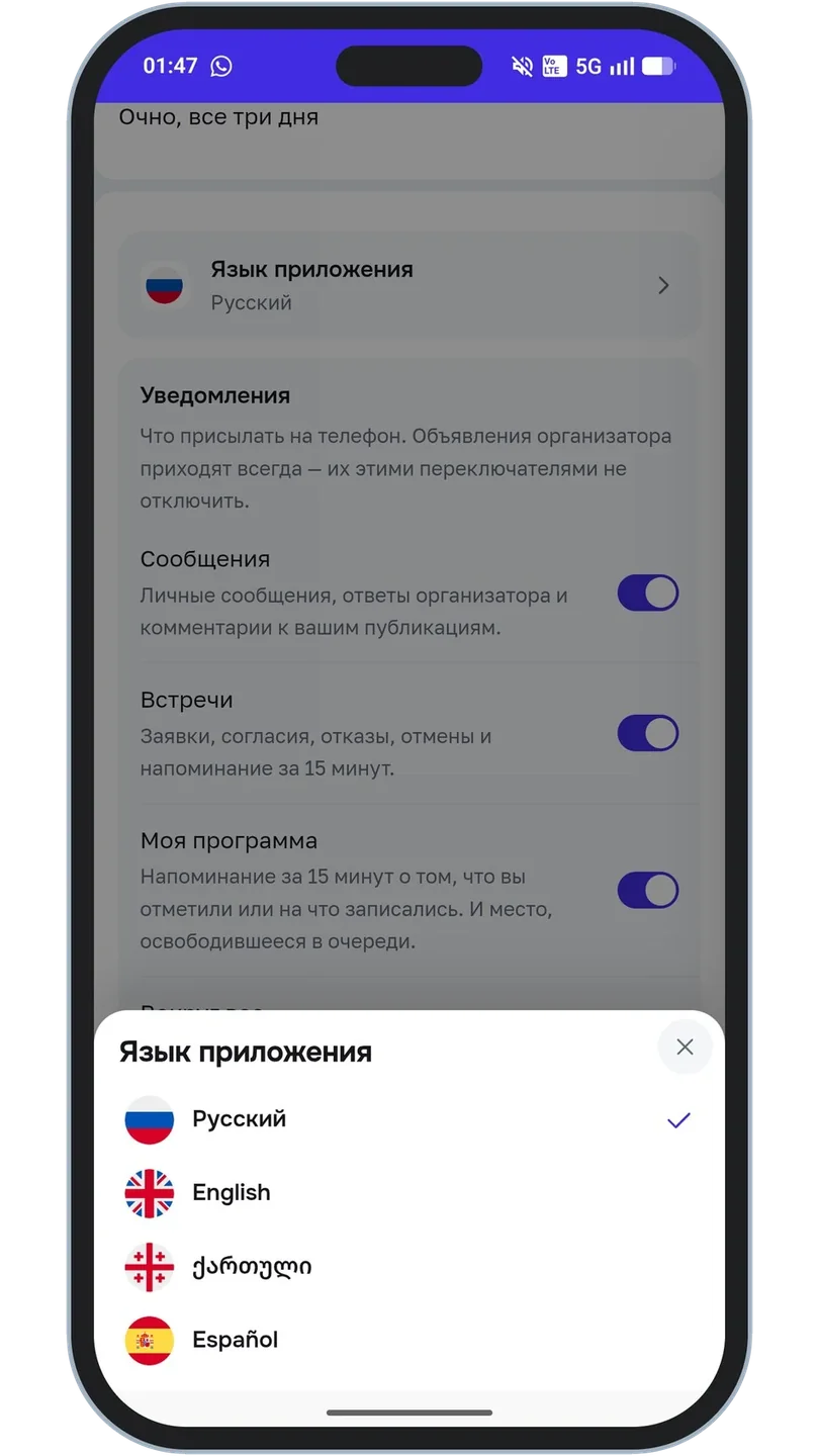 Выбор языка приложения: русский, английский, грузинский и испанский с флагами